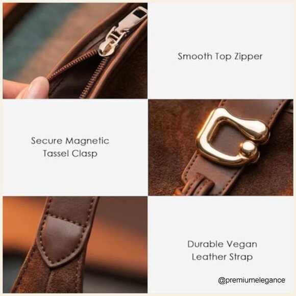 Large Slouchy Hobo Tote Bag with Zipper & Tassel, Faux Suede Shoulder Purse - Picture 5 of 7